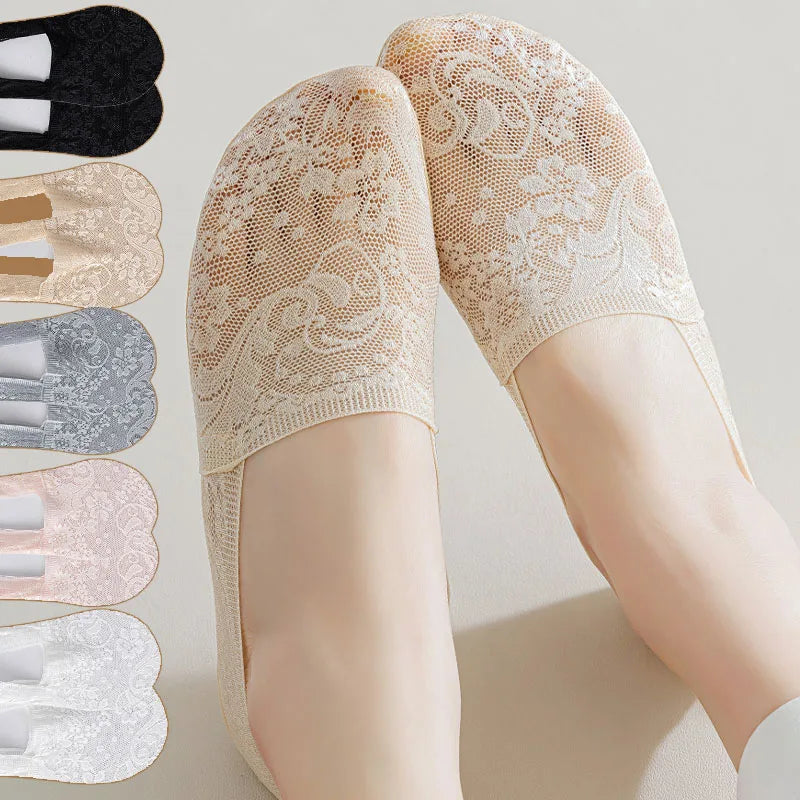 5Pair Women Socks Summer Thin Breathable Silicone Non-slip Ladies Invisible Lace Boat Sock Transparent Fashion Calcetines Mujer