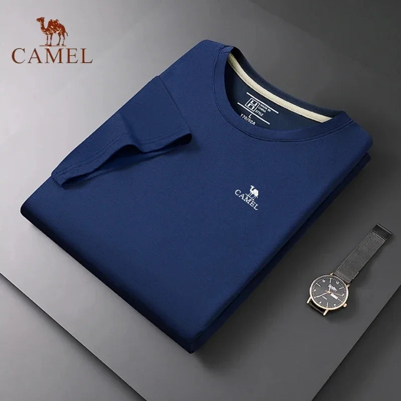 Embroidered CAMEL Round Neck Short Sleeved T-shirt, Summer Men's Fashionable Casual Outdoor Sports Breathable Polo Shirt Top