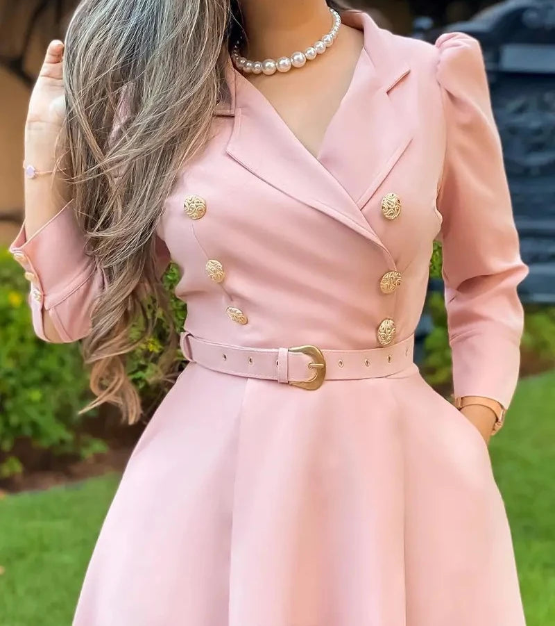 Dress for Women Autumn 2023 Fashion Versatile Casual Solid Button Long Lapel Pleated Strap Waistband Pullover Dresses Streetwear
