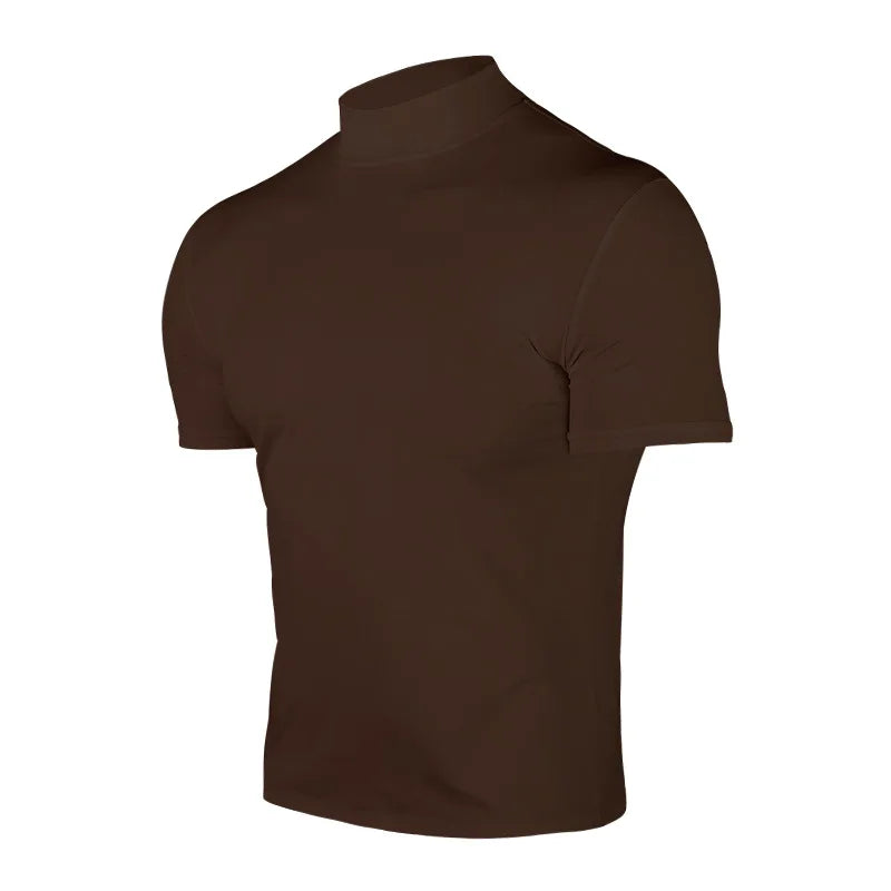 Cross-border Amazon 2024 summer solid color short-sleeved fashion bottoming shirt men's tight turtleneck T-shirt