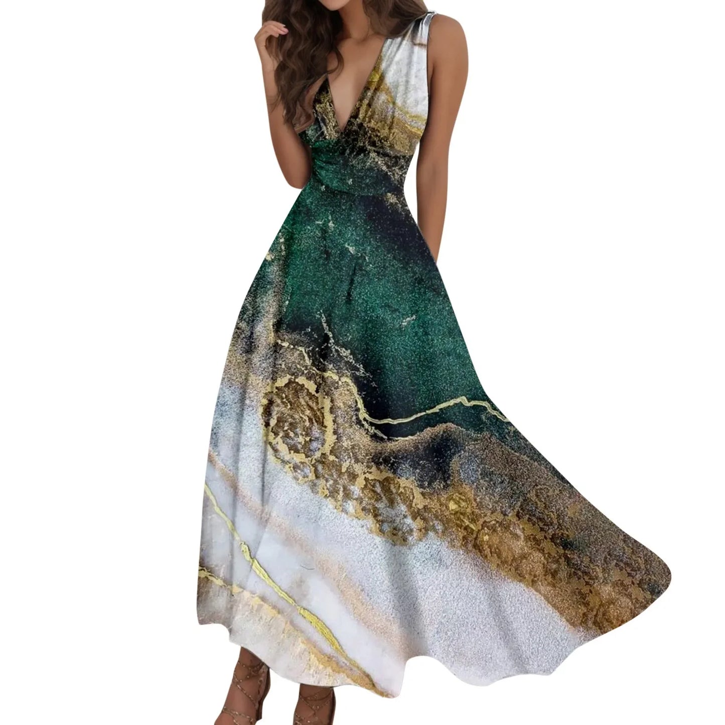 Fashion Print Elegant Temperament Long Dress Women Summer A-Line Sleeveless Party Dress 2023 Deep-V Commute Ladies Party Dress