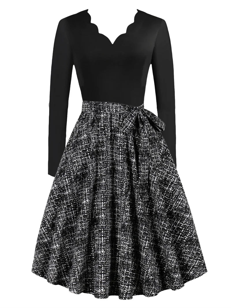 Sexy lace V-neck long sleeved pullover with slim fit floral print casual party A-line dress with belt included