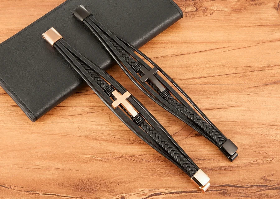 2023 Luxury Multicolor Cross Design Classic Stainless Steel Men's Leather Bracelet 19/21/23cm Choose Handsome Christmas Gifts