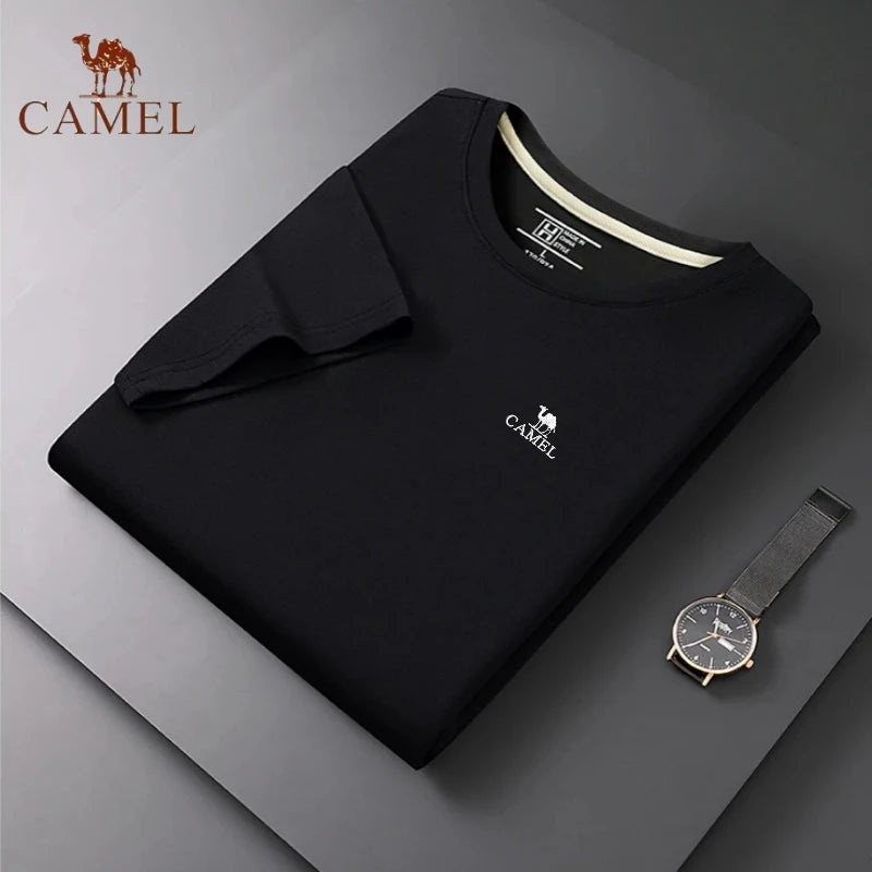 Embroidered CAMEL Round Neck Short Sleeved T-shirt, Summer Men's Fashionable Casual Outdoor Sports Breathable Polo Shirt Top