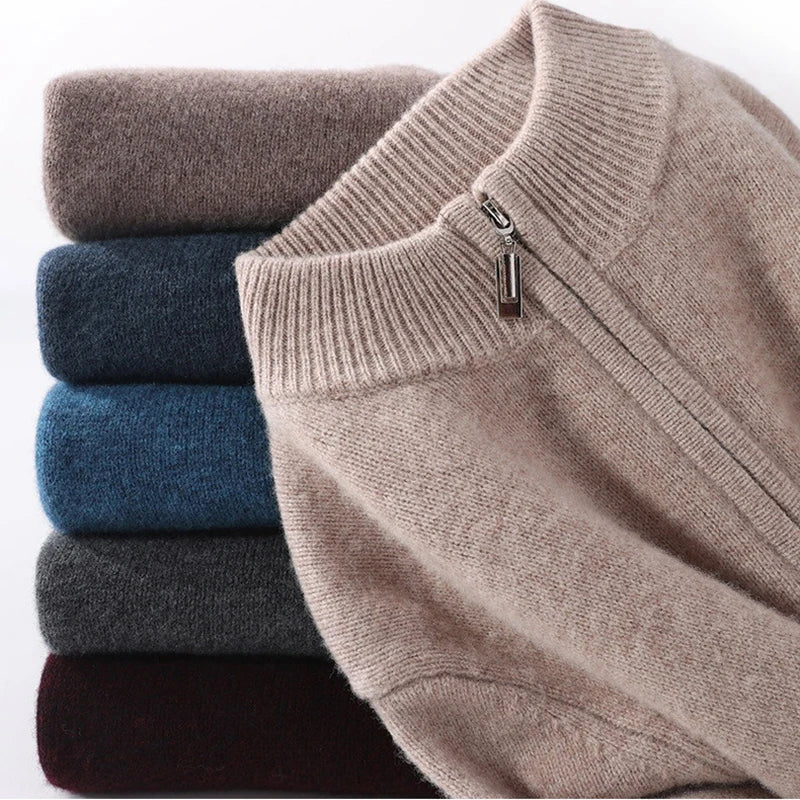100% Ordos Cashmere Sweater Autumn Winter Men's Clothing Korean High-quality Half-High Zipper Pullover Business Casual Wool Blen