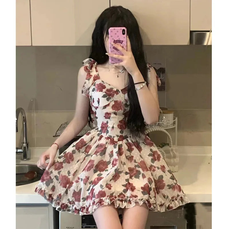 Summer New French Vintage Floral Halter Dress V-neck Sleeveless A-line Cute Short Dress Birthday Party Dress Camisole Dresses