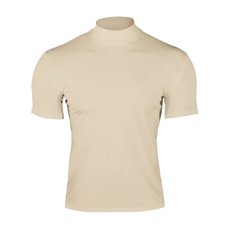 Cross-border Amazon 2024 summer solid color short-sleeved fashion bottoming shirt men's tight turtleneck T-shirt