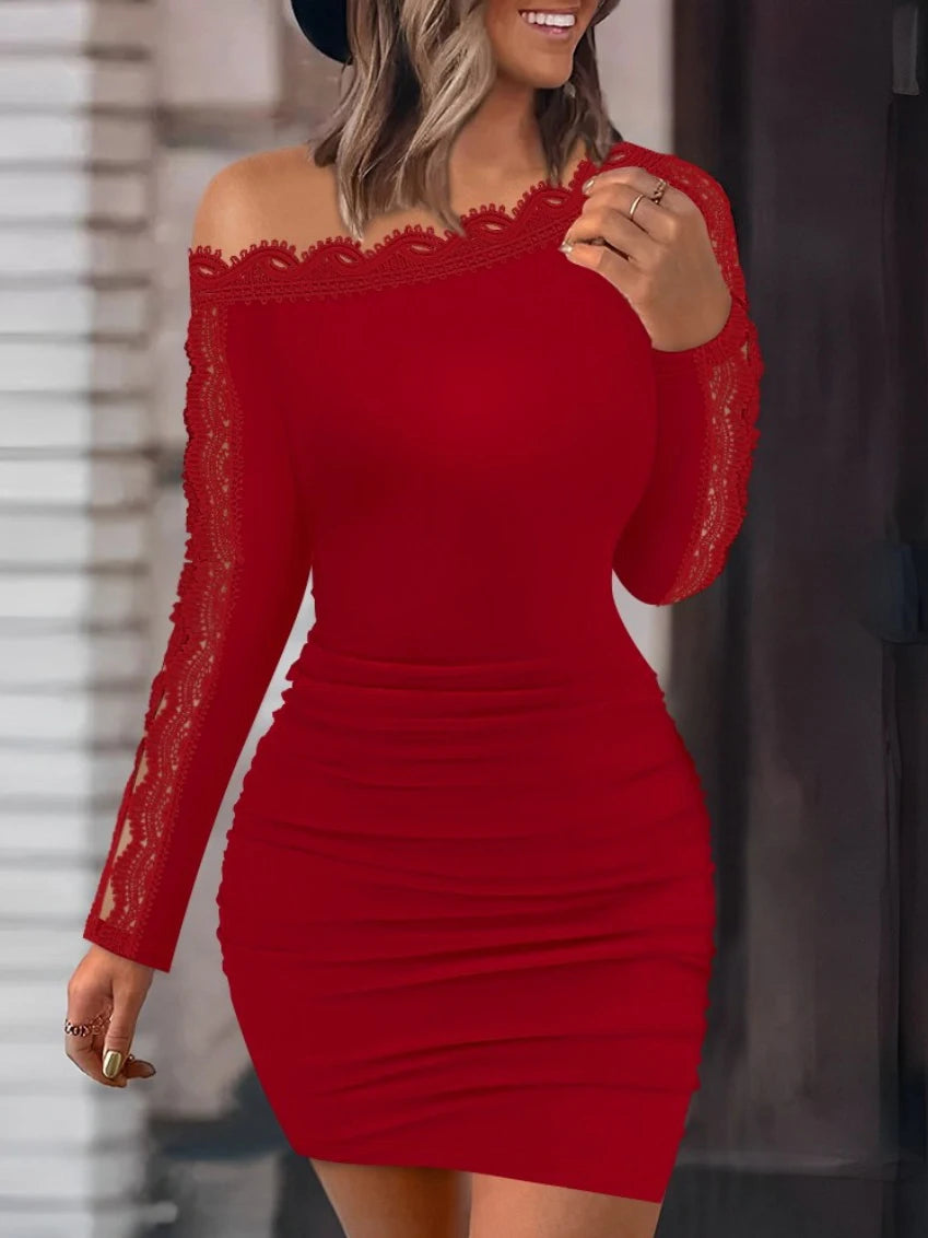 Elegant White Short Dress 2024 Autumn Winter New Solid Lace Splice One Line Neck Tight Wrap Hip Sexy Long Sleeve Dress For Women