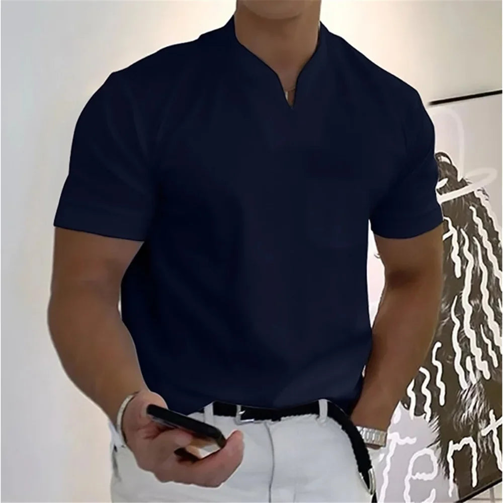 2024 Summer Beach Short Sleeve Solid Color V-neck T-shirt Micro Elastic Muscle Men's top 12 Color Daily Casual Sports Clothing