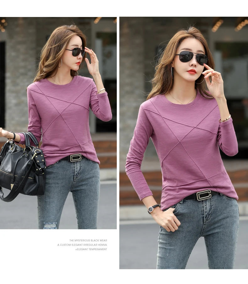 AOSSVIAO 2024 Autumn Long Sleeve Women O-Neck Bamboo Cotton T-Shirt Elegant Loose Ribbed Fashion Tee Shirt Ladies Simple Tops