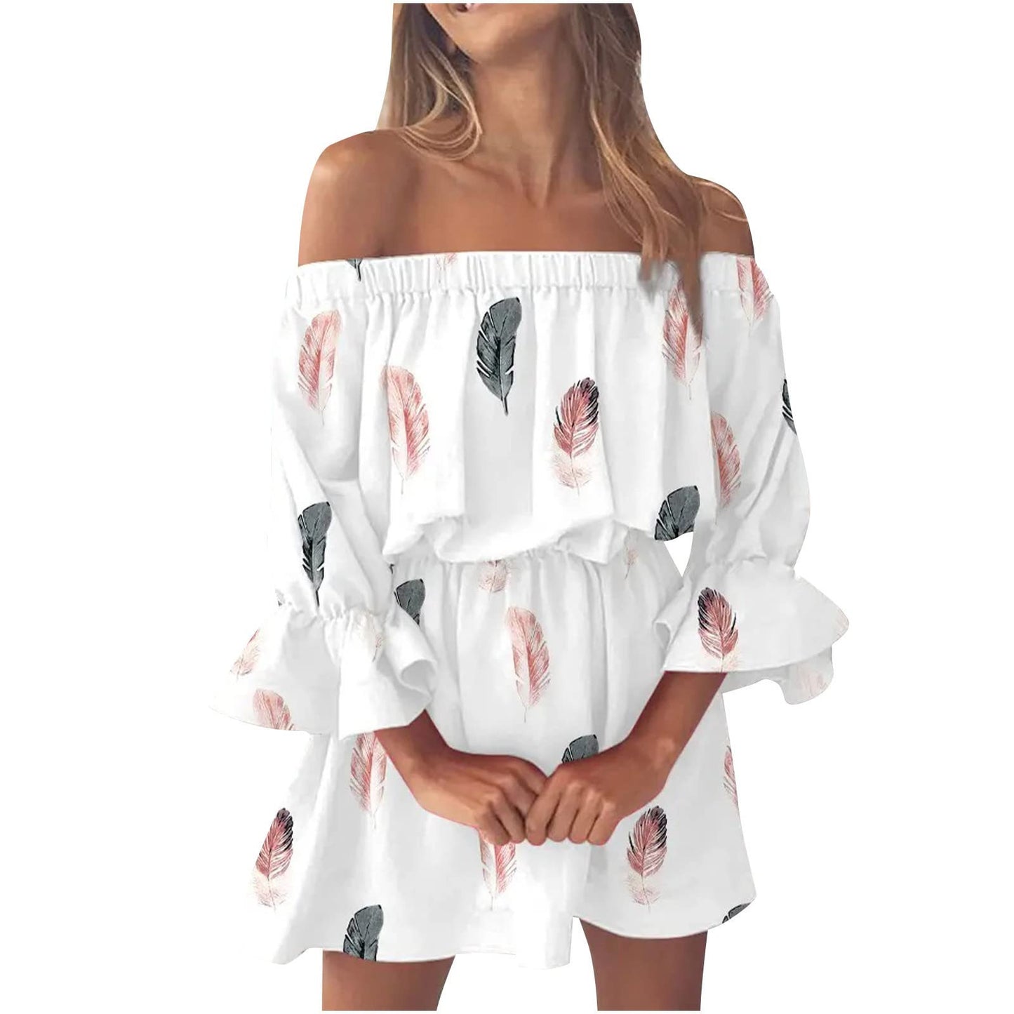 Boho Dresses for Women 2023 Summer Sexy Off Shoulder Floral Print Flare Sleeve Tunic Dress Women Casual Mini Sundress Vestido
