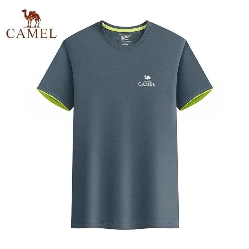 Embroidered CAMEL Round Neck Short Sleeved T-shirt, Summer Men's Fashionable Casual Outdoor Sports Breathable Polo Shirt Top