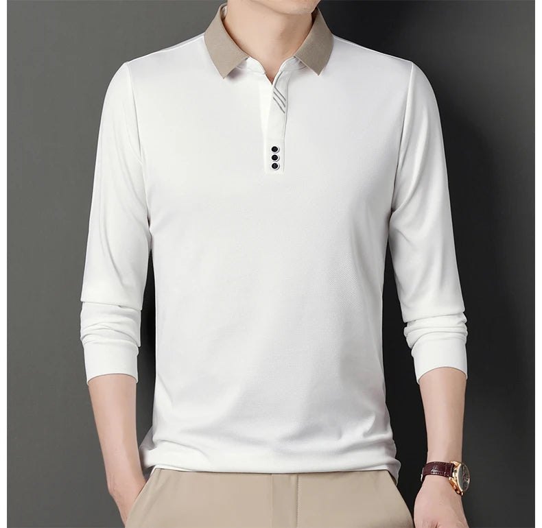 Autumn New Men's Long-sleeved Polo Shirt Business Casual Slim Elastic Top Fashion Classic Solid Color Male Brand Tees