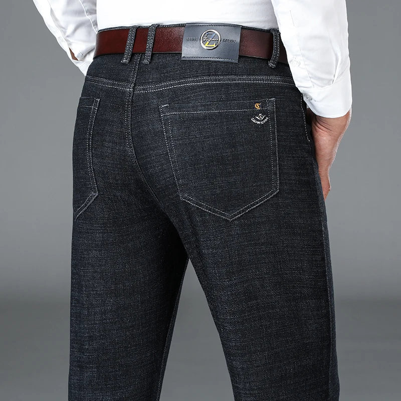 High Quality Men's Business Stretch Jeans Korean Casual Pants Denim Straight Trousers Black Navy Blue Men's Clothes