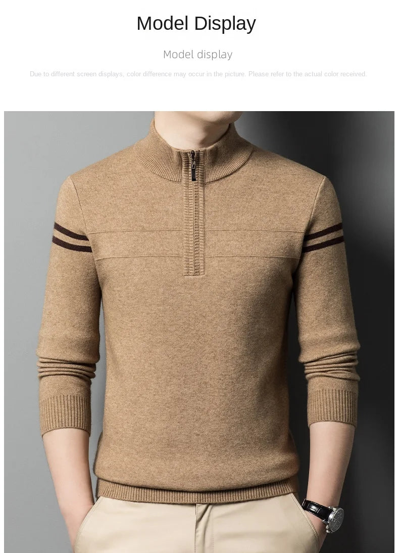 Men's autumn and winter high collar half zipper 100% wool sweater 2024 thick long sleeve warm pullover business casual knitted s