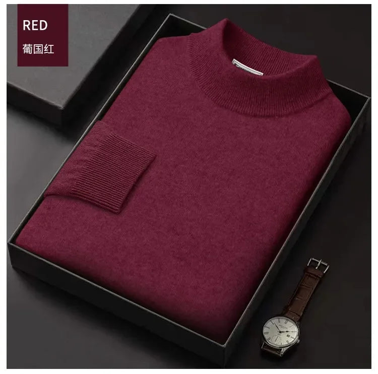 Luxury Brand Men's Mock Collar 100% Pure Woolen Sweater Tops Autumn Winter Cashmere Sweater Pullover Male Warm Knitwear Sweater