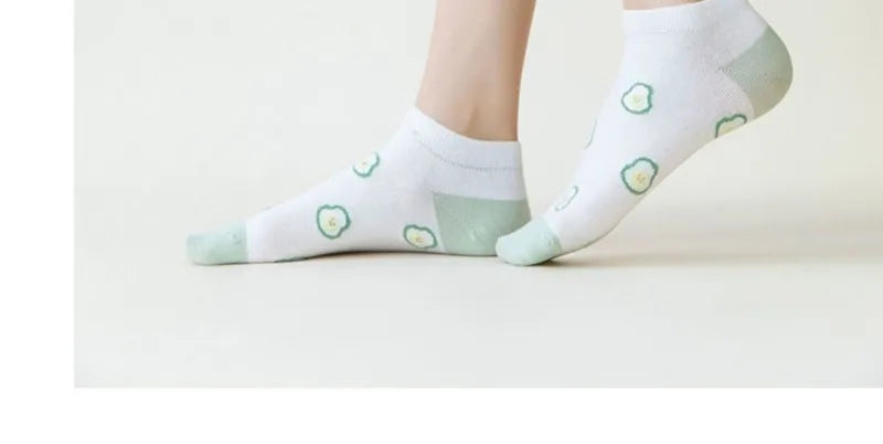 5 Pairs Avocado Flower Heart Ankle Socks Cartoon Fresh Fashion Breathable Spring and Summer Kawaii Comforts Women's Boat Socks