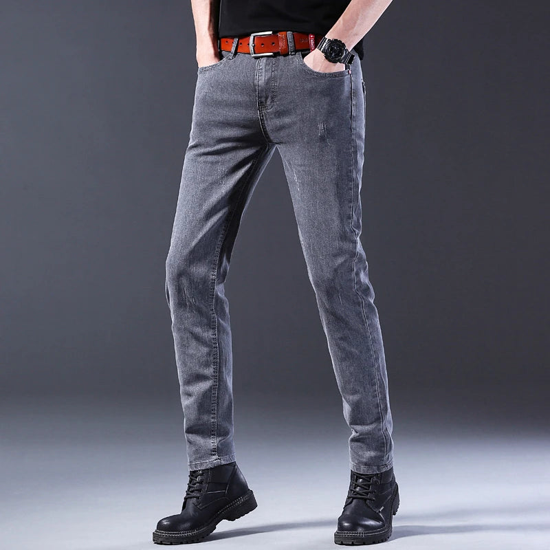 2024 New Fashion Jeans Men Korean Style Straight Grey Middle Waist Pants Male Casual Denim Trousers