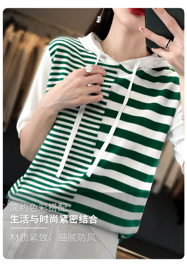 Summer New 100% Cotton Women's T-shirt Short Sleeve Loose Contrast Hooded Collar Pullover Casual Fashion Knitted T-shirt Top