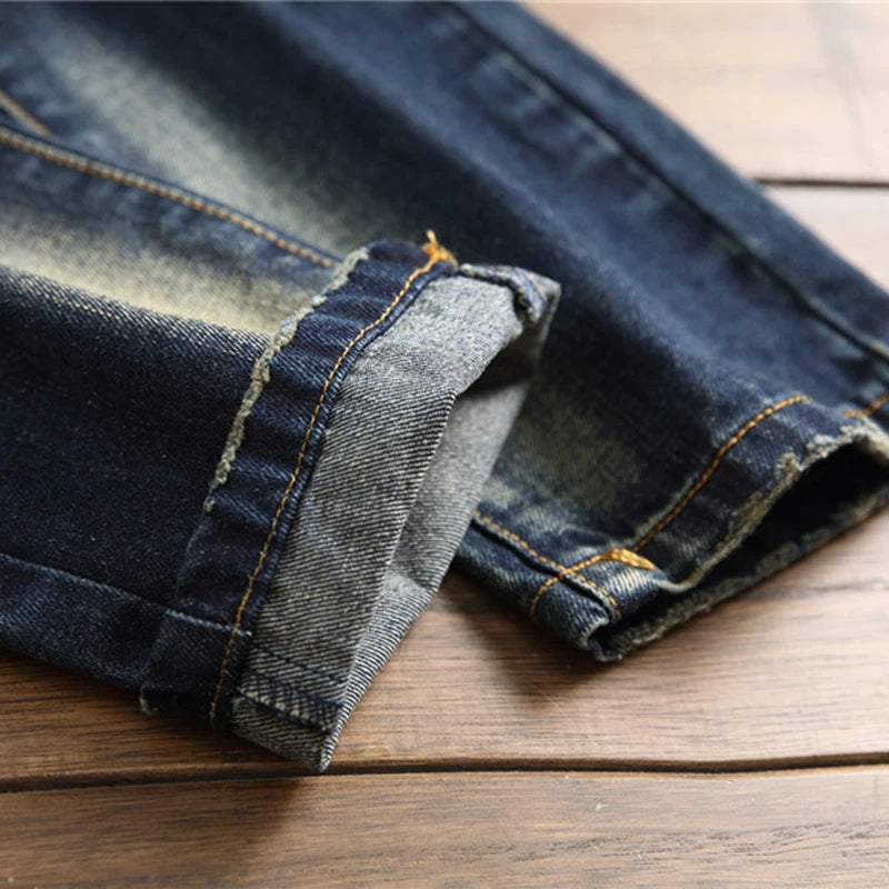 Denim Jeans Straight Scratches Fashion Men's Pants Luxury Vintag Hole Ruined Long Broken Fashion Regular Fit Large Size