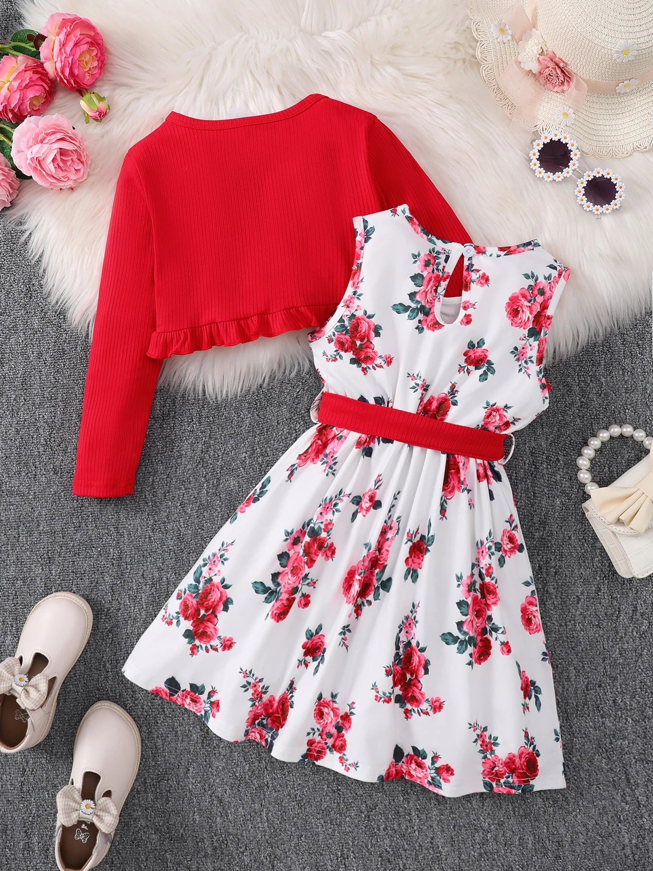 4-7 Years Kids Girls 2PCS Dress Set Solid Knitted Overcoat+Floral Sleeveless Dress with Belt Photography Style Princess Clothing