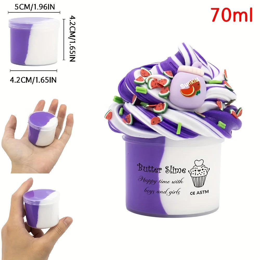 2.37oz Fluffy Two-Tone Butter Slime Super Soft Clay Stretchy Non-sticky Party Favors Slime Charms Toys Education Birthday Gifts