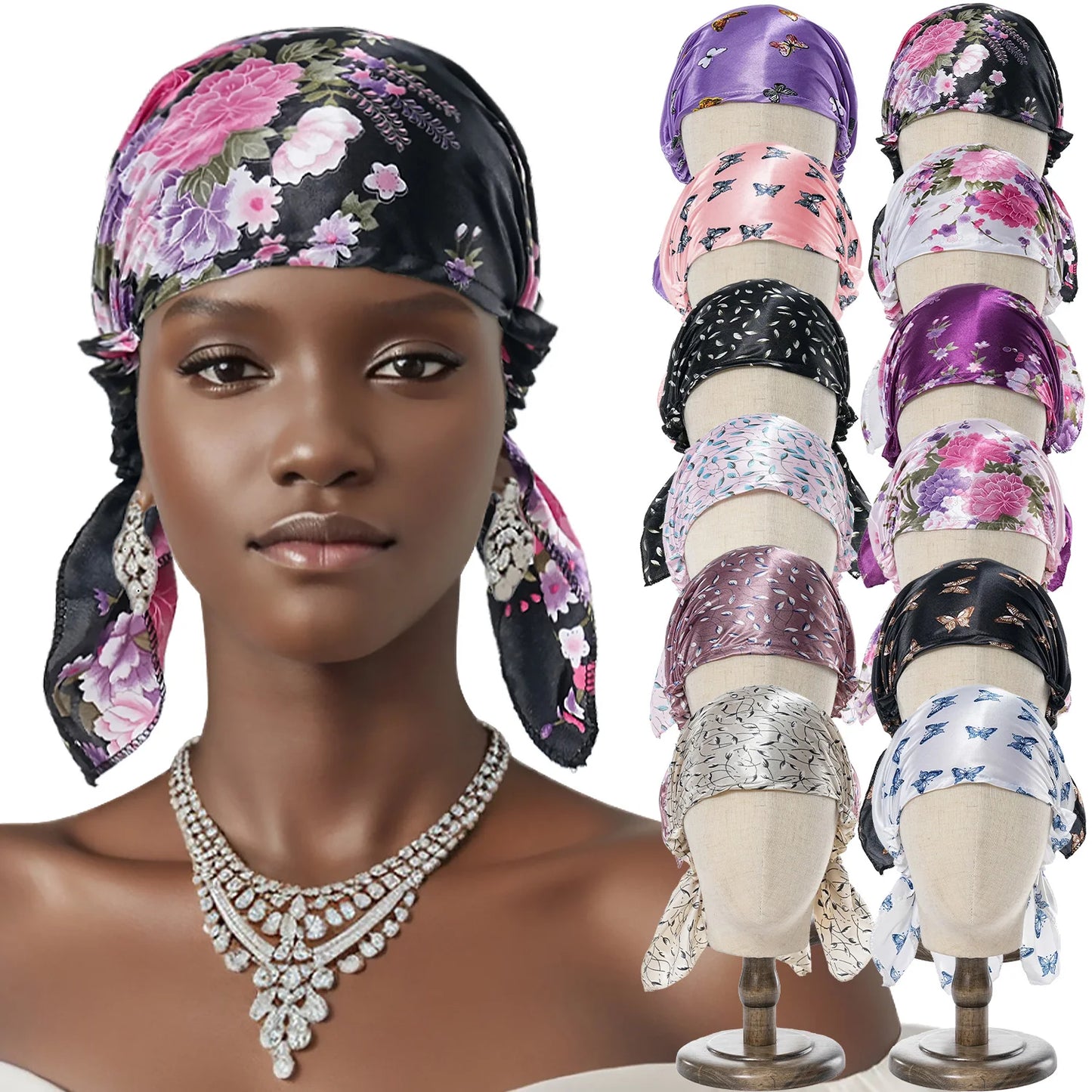 New Women Luxury Satin Sleeping Bonnets Night Sleep Caps Ladies Headwrap Printed Stretch Beanie Cap Hair Care Head Cover