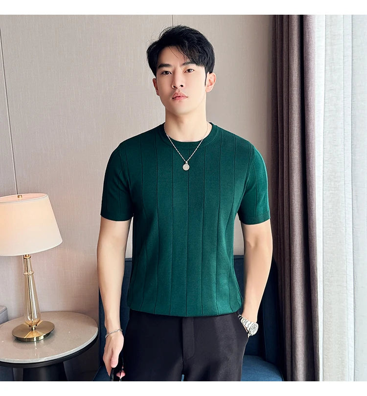 2024 New High Quality, Business Casual Men's Short-Sleeved O-neck Sweater, Daily Slim Fit T-shirt, Stretchable Striped Top M-3XL