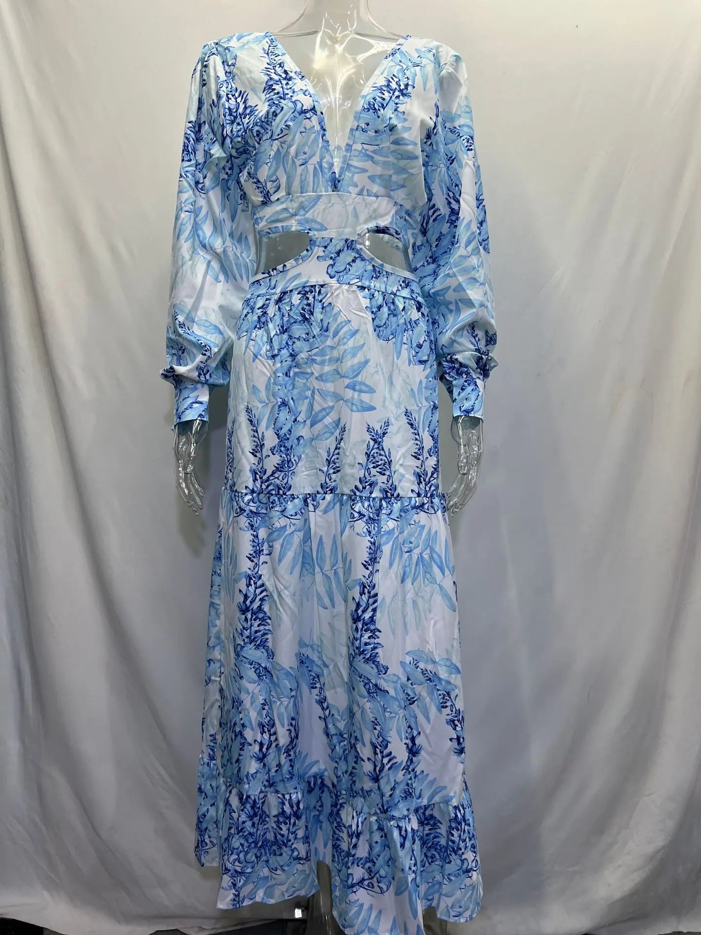 Spring New Long Dress Fashion Print Sexy Deep V-neck Long Sleeved Dress Women's Elegant Hollow Out Ruffle Spliced Maxi Dress