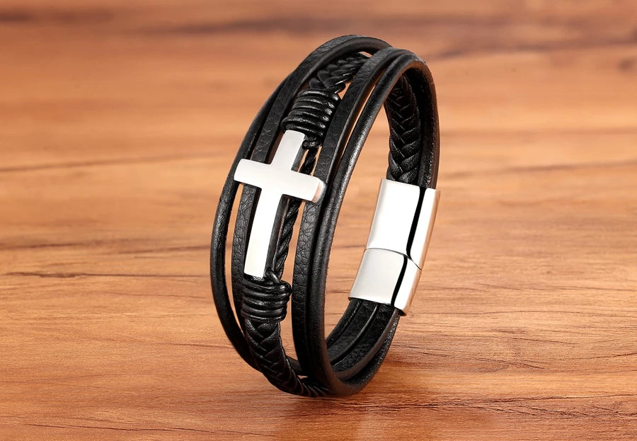 2023 Luxury Multicolor Cross Design Classic Stainless Steel Men's Leather Bracelet 19/21/23cm Choose Handsome Christmas Gifts