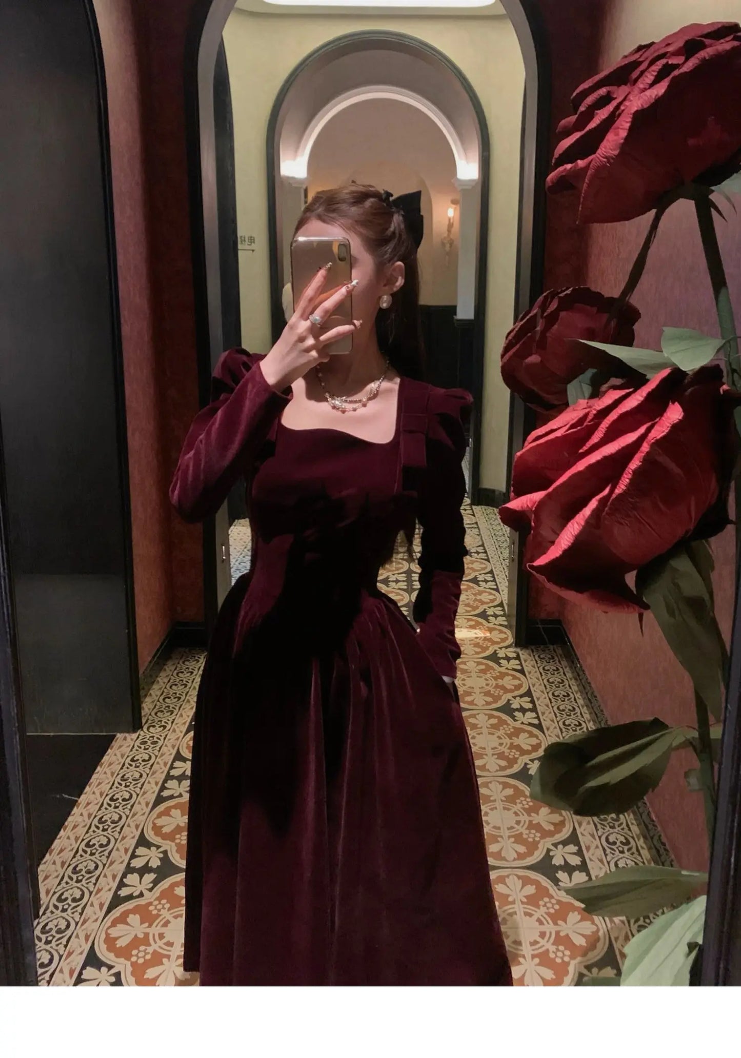 French Vintage Christmas Red Velvet Dress Square Collar Evening Party Prom Vestidos Women Elegant Autumn Winter Clothes