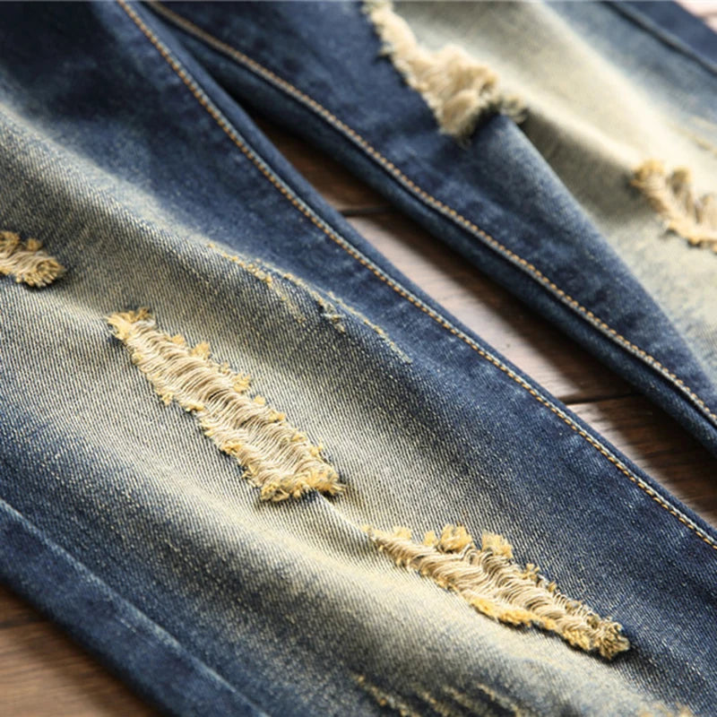 Denim Jeans Straight Scratches Fashion Men's Pants Luxury Vintag Hole Ruined Long Broken Fashion Regular Fit Large Size