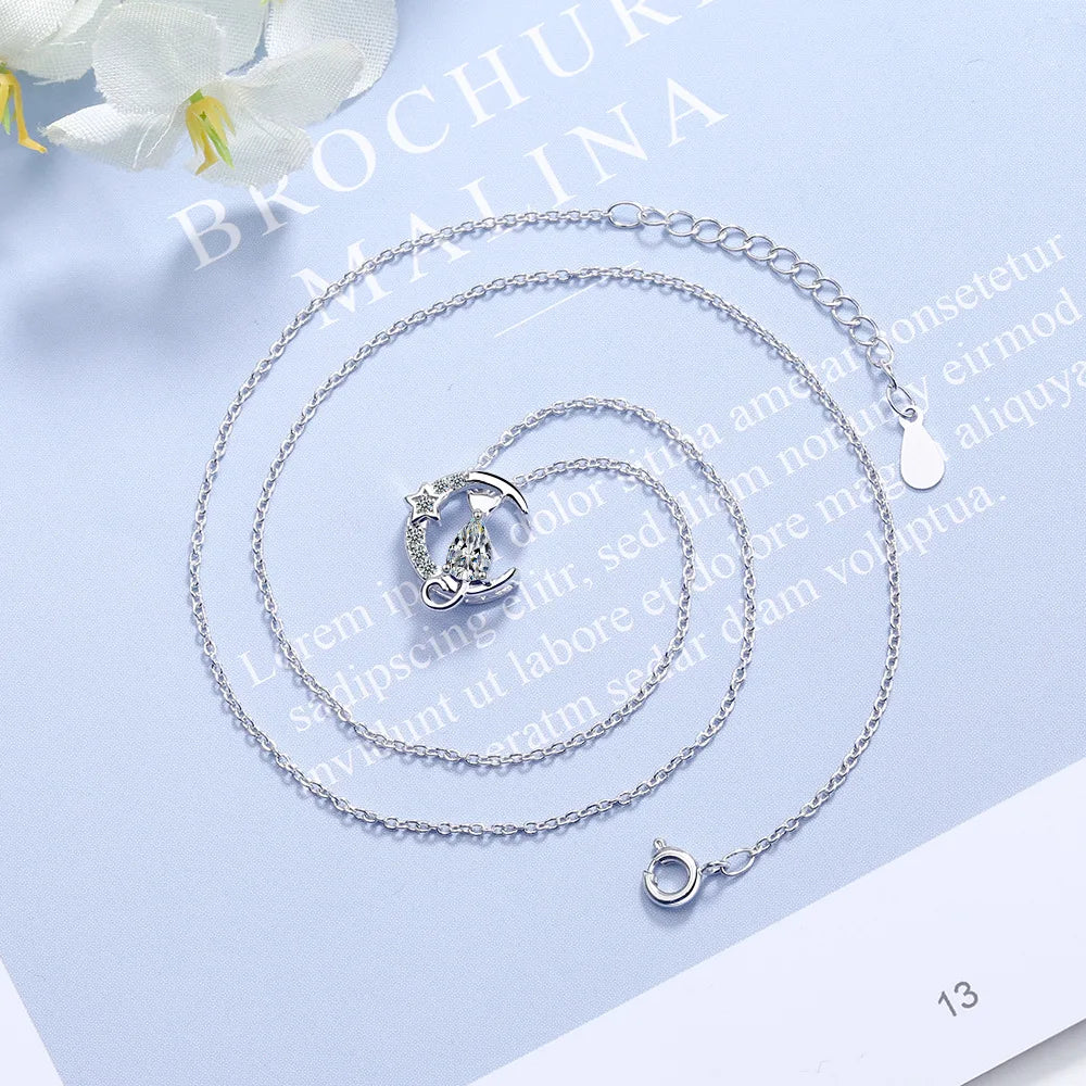 New in 925 Sterling Silver Cat Moon Zircon Women Necklace Wedding Luxury Designer Jewelry Offers GaaBou Jewellery