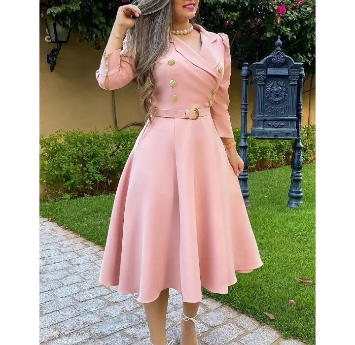 Dress for Women Autumn 2023 Fashion Versatile Casual Solid Button Long Lapel Pleated Strap Waistband Pullover Dresses Streetwear