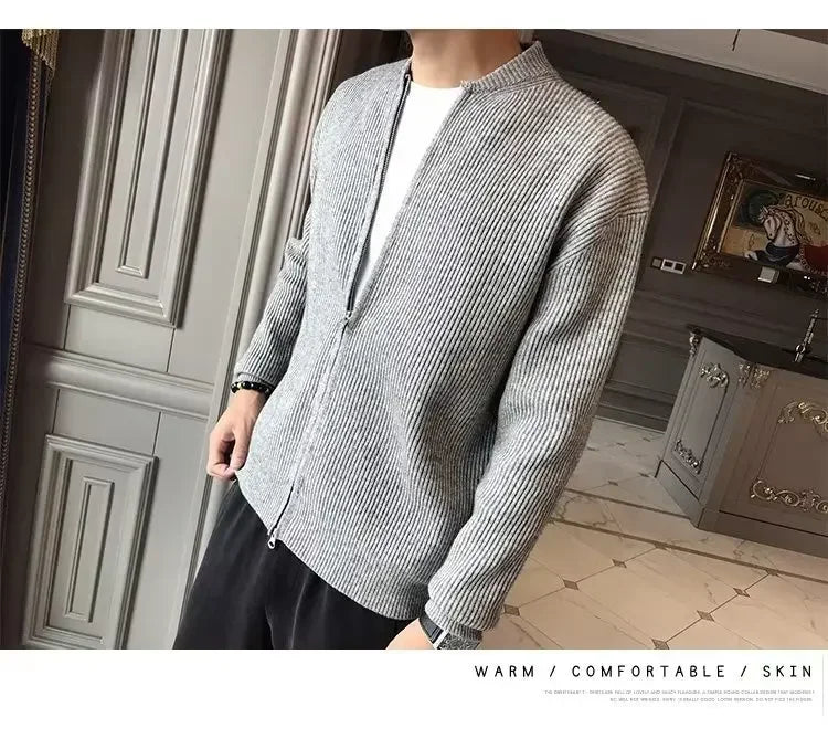 Autumn Winter Men's Solid Color Knitted Cardigan Sweater Jacket Casual Slimming Top Fashionable White Coat