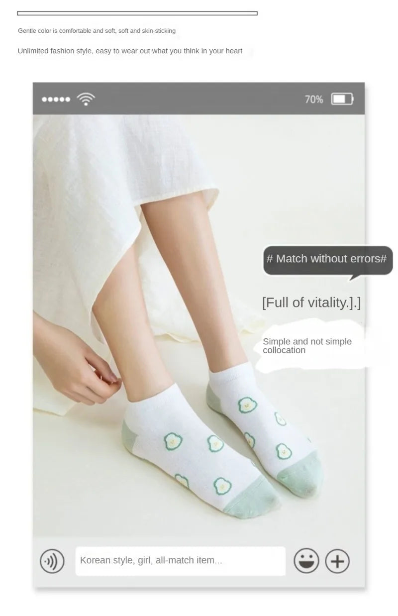 5 Pairs Avocado Flower Heart Ankle Socks Cartoon Fresh Fashion Breathable Spring and Summer Kawaii Comforts Women's Boat Socks