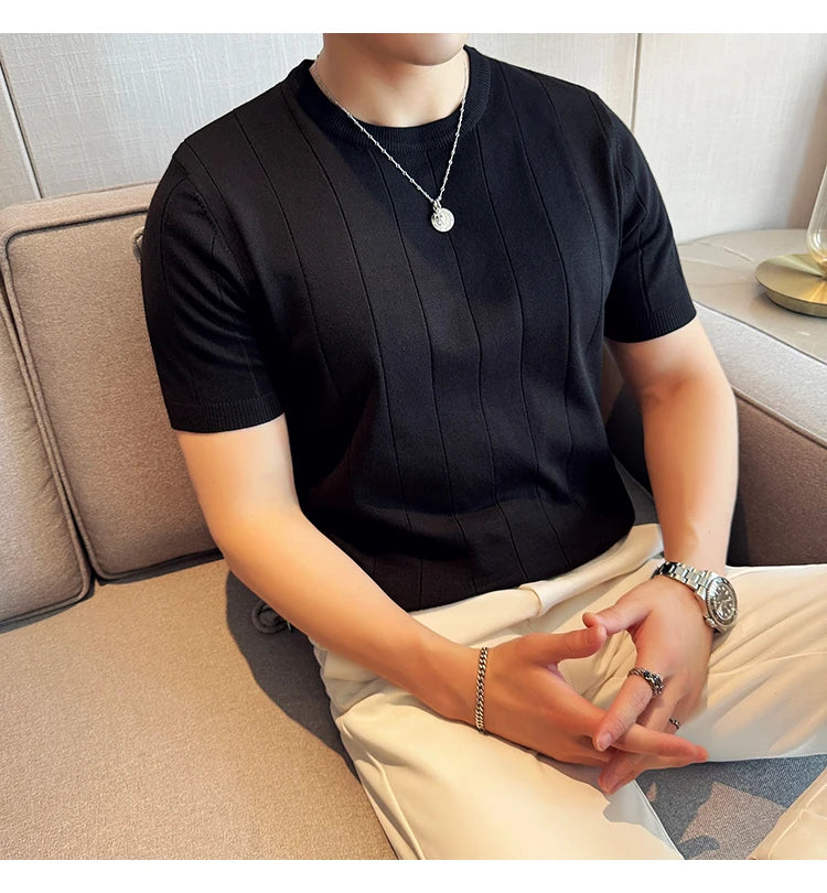 2024 New High Quality, Business Casual Men's Short-Sleeved O-neck Sweater, Daily Slim Fit T-shirt, Stretchable Striped Top M-3XL