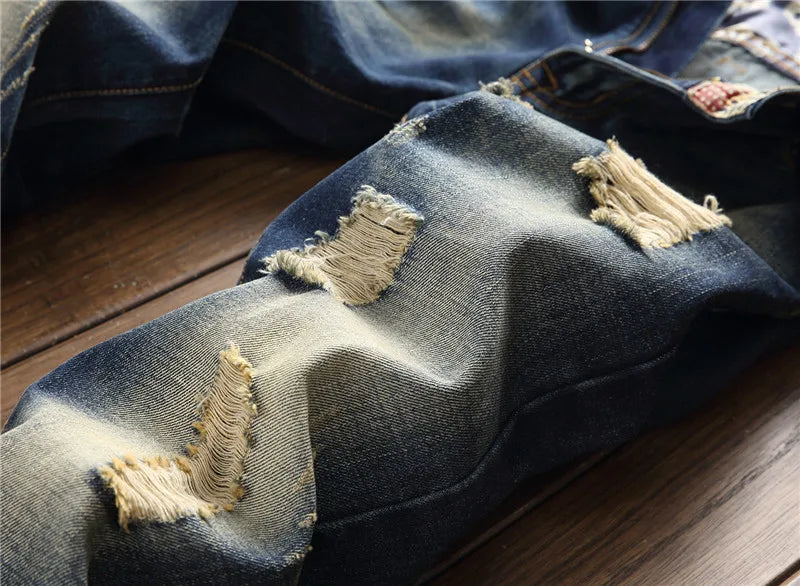 Denim Jeans Straight Scratches Fashion Men's Pants Luxury Vintag Hole Ruined Long Broken Fashion Regular Fit Large Size
