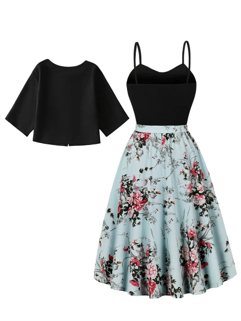 New Chinese style dress set for women's fashion, mid to long style, with a slimming and printed skirt