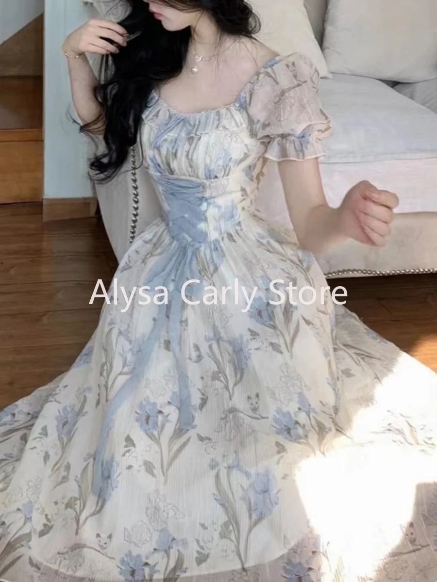 Elegant Vintage Floral Midi Dress Women Ruffles Design Casual Korean Fairy Dress Female 2024 Summer Lace-up Vacation Party Dress
