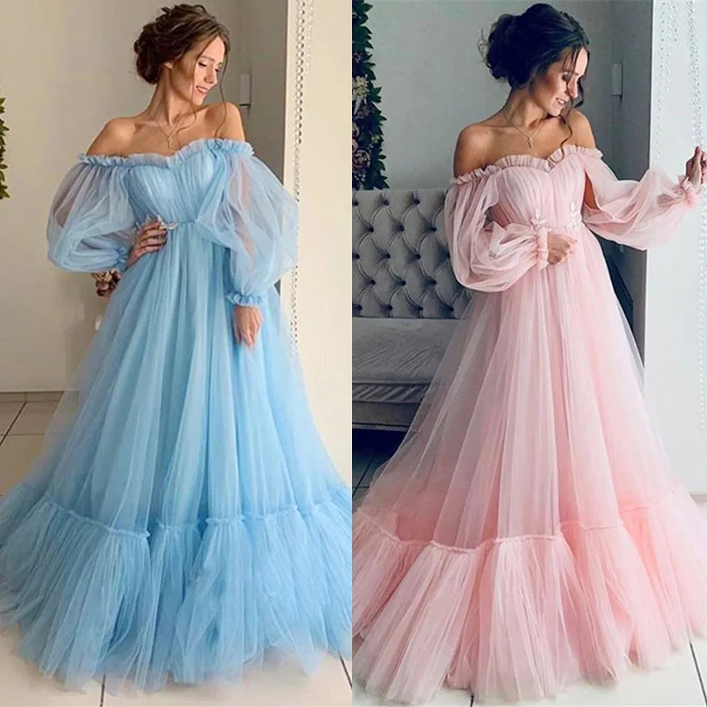 Off Shoulder Sweetheart Overlay Tulle Champagne Bloom Flower Bridal Dress Women Dress Fairy Solid Color Puffy Mesh Wedding Gowns