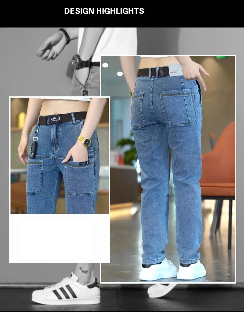 2024 New Brand Mens Casual Multiple Pockets Jeans Mid-Waist Elastic Straight Denim Trousers Versatile Loose Personality Pants