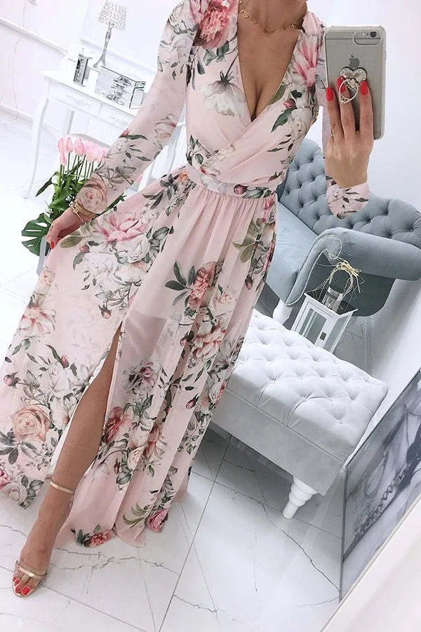 Amazon eBay Cross border 2024 Summer Chiffon Printed Long Dress V-neck Dress Long Sleeve Split Dress Women