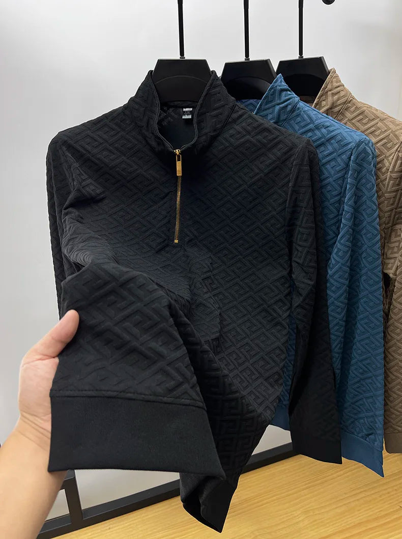 High end brand fashion jacquard retro sweater for men's 2023 spring autumn new casual trend half zipper standing collar pullover