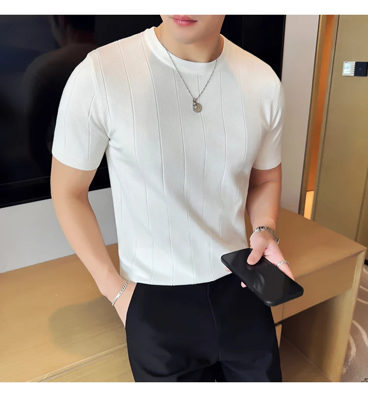 2024 New High Quality, Business Casual Men's Short-Sleeved O-neck Sweater, Daily Slim Fit T-shirt, Stretchable Striped Top M-3XL