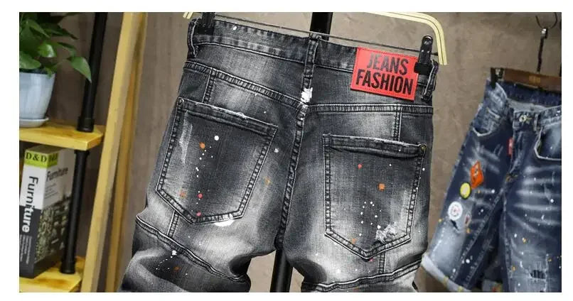 Men Black Denim Shorts New Summer Male Holes Shorts Jeans High Quality Male Stretch Fit Ripped Denim Jeans Shorts Size 44