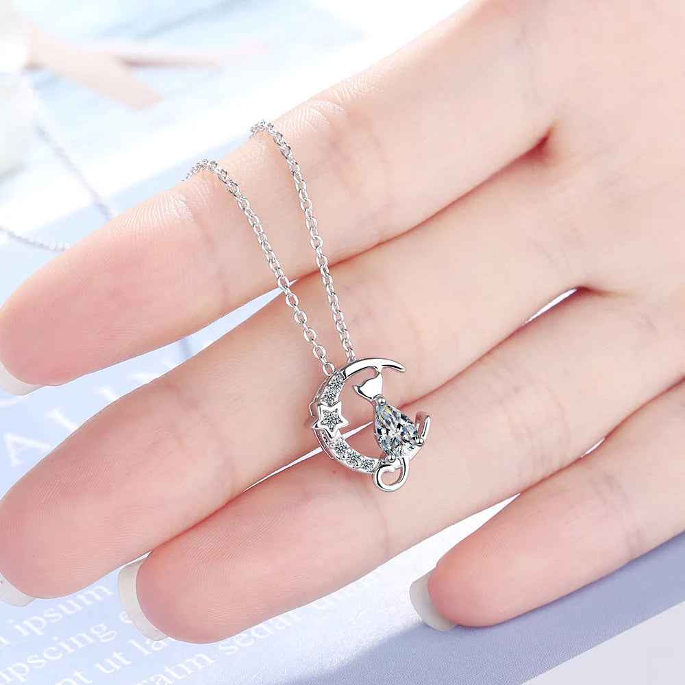 New in 925 Sterling Silver Cat Moon Zircon Women Necklace Wedding Luxury Designer Jewelry Offers GaaBou Jewellery