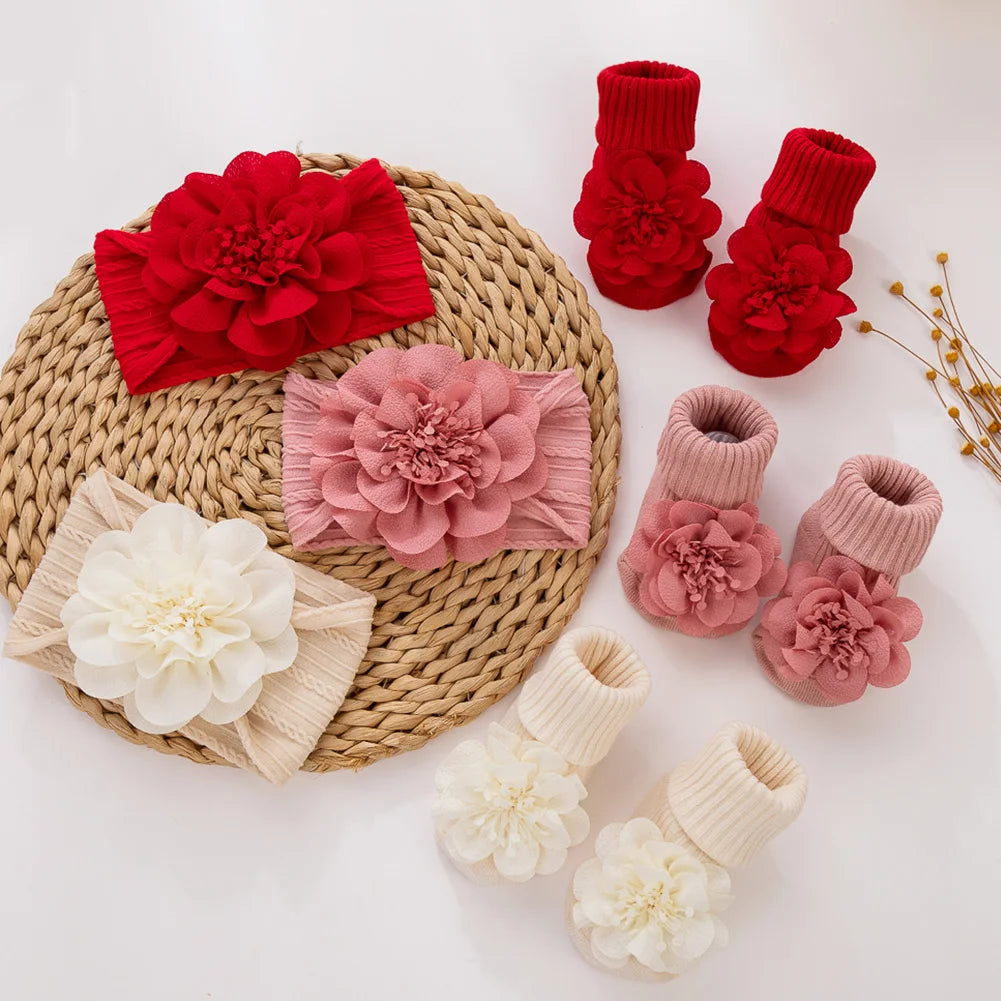 3Pcs/Set Lace Flower Baby Headbands Socks Wing Bow Cotton Non-slip Anklet 0-12M Stockings Wide Elastic Hairbands Infant Socks