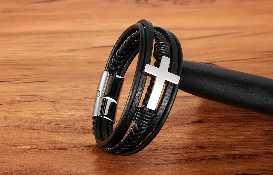 2023 Luxury Multicolor Cross Design Classic Stainless Steel Men's Leather Bracelet 19/21/23cm Choose Handsome Christmas Gifts