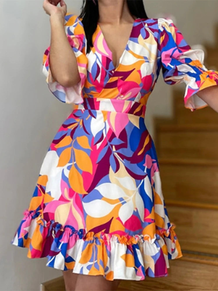 Casual V Neck Short Sleeve Midi Dress Woman Spring Summer Fashion Elegant Ruffles Floral Flower Print Dresses For Women 2023